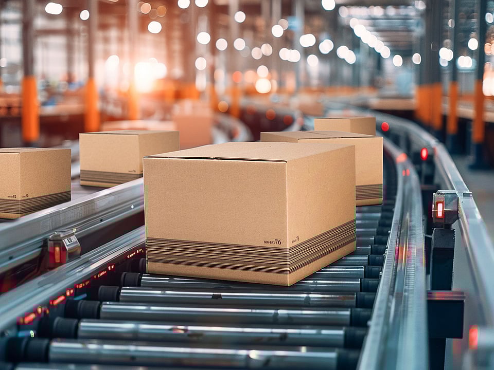 brown cardboard boxes moving along a conveyor belt in a factory setting.
